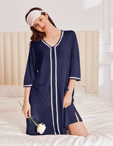 Image of Ekouaer Zipper Robes for Women 3 /4 Sleeves Lightweight House Coat Zip Up Bathrobe Soft Nightgown with Pockets S-3XL