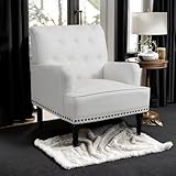 MOJAY PU Leather Accent Chair, Mid-Century Armchair Living Room Sofa Chair with Rubber Wood Leg, Club Chair with Rivet Trim for Bedroom Reading Room Reception (White)
