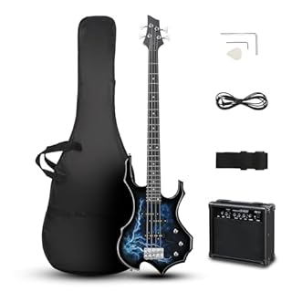 Ktaxon Electric Bass Guitar Full Size Flame Design Bass Set with 20 Watt Amplifier, Portable Bass Bag, Superior Amp Wire, Adjustable Guitar Strap, Plectrum, Wrench Tool(Lightning)