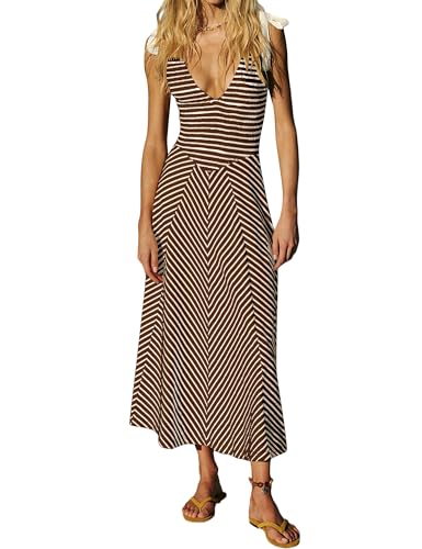 Image of Women Summer Flowy Striped Dresses Smocked V Neck Tank Top Beach Dress Sleeveless Sundress Long Dress with Pockets