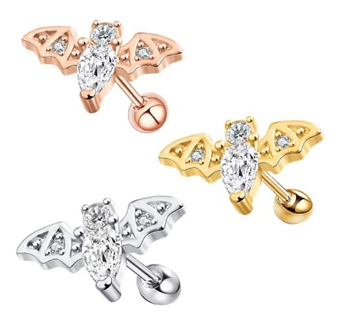 16G Short Barbell W/ Bat & Gems - 3 Color Options - Cartilage Body Jewelry - Tragus, Lobes, Daith, Helix & More (Rose Gold) #TOP10