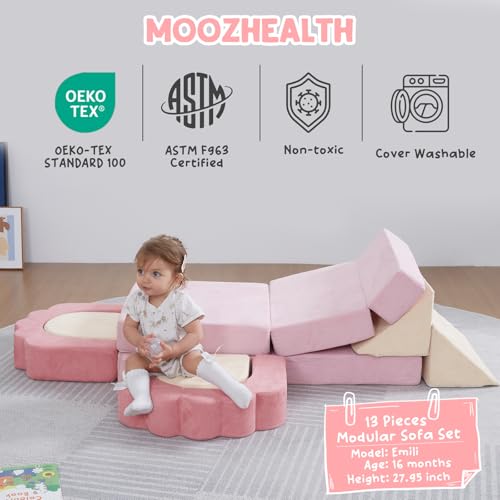 Image of 13-Piece Floral Foam Climbing Blocks for Toddlers,Pink & Beige | Modular Soft Play Gym,Kids Indoor Crawing Climbers & Play Structures for Bedrooms,Livingrooms & Playrooms