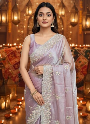 Image of Glory Sarees Women's Organza Chiffon Embroidery Work Scallop Border Saree With Blouse Piece (Chiffon101 Parent)