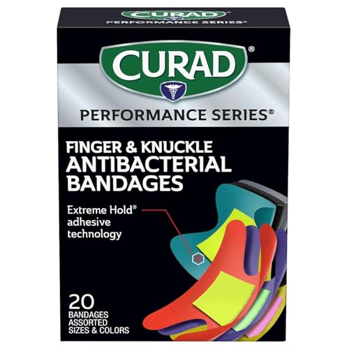 Curad Performance Series Fingertip and Knuckle Antibacterial Bandages, Extreme Hold Adhesive Technology, Fabric Bandages, 20 Count
