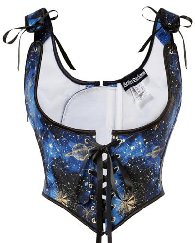 SCARLET DARKNESS Damen Unterbrust Korsett Renaissance Jacquard Spitzsaum Schnürdetail Bustier Blauer Stern 36