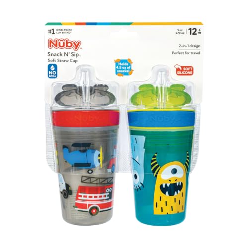 Nuby All in One Snack Bowl and No Spill Soft Straw Cup - 2 Pack Aqua Monsters & Grey Cars - Snack N' Sip, Holds: 4.5 oz Container with Lid and 9 oz/ 270 ml Straw Cup (12 Months +)