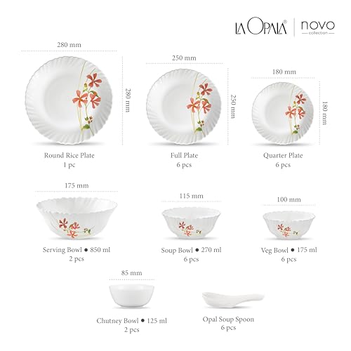 Image of La Opala Novo Collection Opal Glass Crockery | for Family of 6 | Dinner Set 35 pcs Coral Charm | Plates & Bowls for Dining | Microwave Safe | 100% Vegetarian | Extra Strong | Light & White