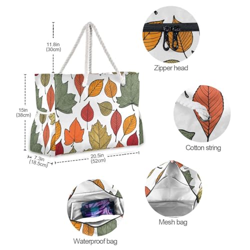 Autumn Leaves White Beach Tote Bag for Women Large Travel Tote Bags Waterproof Carry On Swim Pool Bag Beach Bags with Zipper for Grocery Vacation Essentials Yoga Nurse Gym2