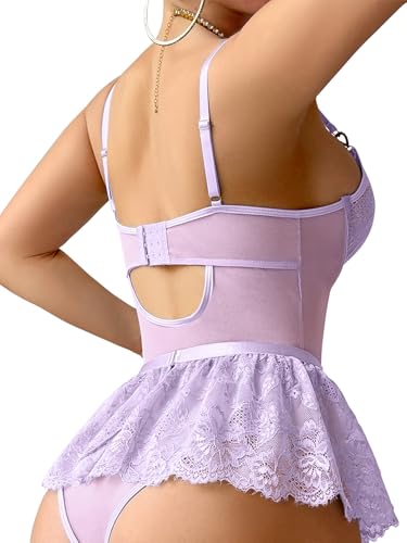 Image of Lilosy Sexy Lingerie Set 3 Piece Women Corset Bodysuit Skirt | Rhinestone Heart Stocking Garter Plus Size Underwire Mesh Sheer Lace Push Up Babydoll Halloween Christmas Valentine's Bridal