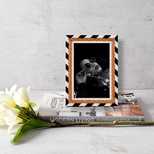 Al-Hamd Handicraft Black White Chevron Picture Frame -Mosaic Moroccan Pattern Resin Inlay Handmade - Hang Or Sit 4X6 Inch #TOP1