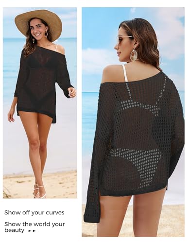 Buauty Women's Swimsuit Crochet Cover Up | Bathing Suit Swimwear Short Sleeve Knit Beach Dress Summer Vacation Outfits Black3