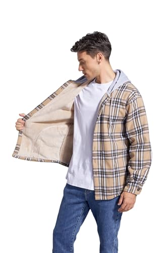 Image of Men's Cotton Plaid Shirt Jacket Fleece Flannel Sherpa Button Down
