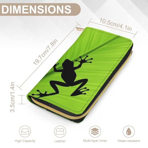 Girl's Long PU Wallet, Travel Purse Fashion Design, Huge Storage Capacity Purse, Cute Decor Zipper Wallet Green Leaf Frog2