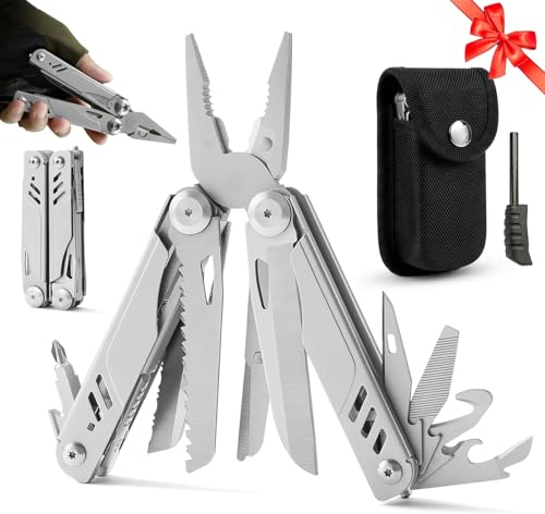 Elvesoar 21-in-1 Stainless Steel Multitool, Self-Locking EDC Multi Tool with Needle Nose Pliers, Pocket Knife, 2 Screwdriver Bits, Saw, Sheath & Fire Starter - 10.3oz, Camping Gifts for Men