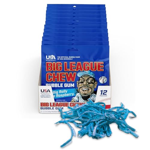 Image of Big League Chew Big Rally Blue Raspberry Bubble Gum - Bold Blue Raspberry Blast | Perfect for Baseball Games, Teams, Concessions, Parties, and More | Pack of 12 Bags (2.12oz Each)