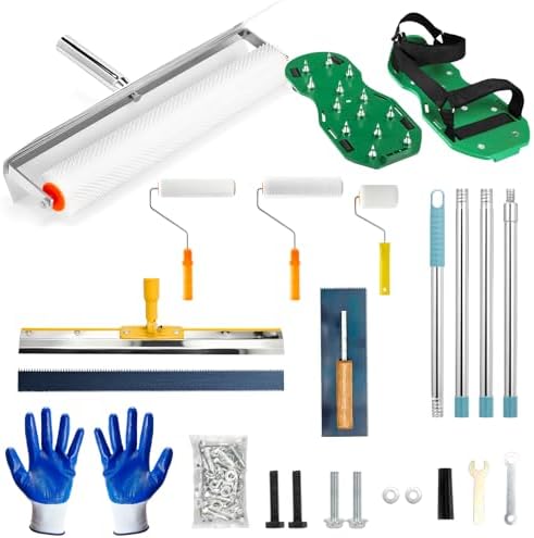 Self Leveling Concrete Tools, Rocfinity Spiked Roller for Self Leveling with Adjustable 6.6ft Pole, Floor Paint Coating Epoxy Spike Shoes, Garage Floor Epoxy Kit with Cement Leveling Rake