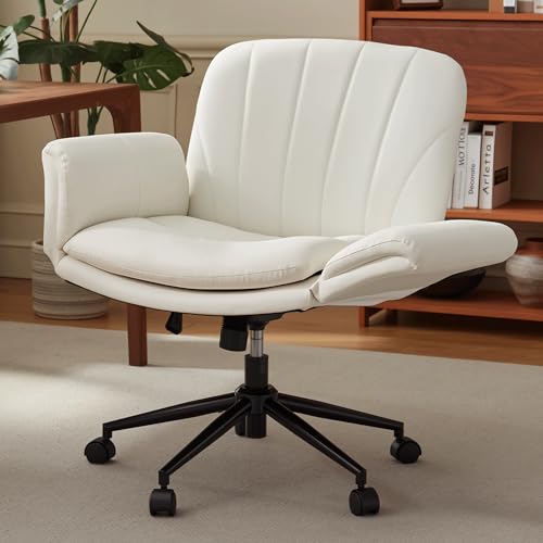 Dowinx Criss Cross Chair with Five-Level Adjustable Arms and Wheels - Comfortable Ergonomic PU Leather Swivel Vanity Chair - Computer Makeup Gaming Chair for Home Office, Bedroom, Vanity Room (Beide)