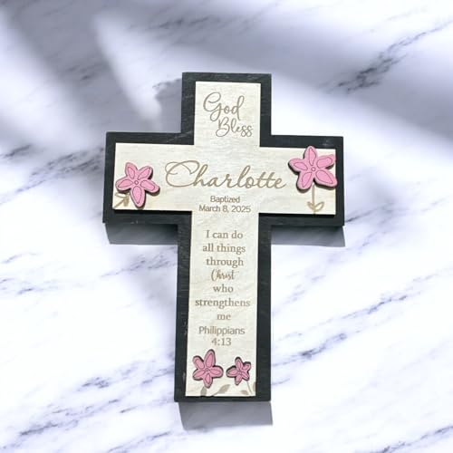 AlovelyDetail Personalized Girl Cross Pink Wooden Wall Cross for Baptism, Christening First Communion Religious Keepsake for Baby Girls (Pink Flowers) - Thumbnail 6