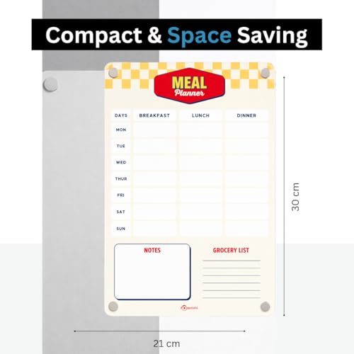 Image of Magnetic Premium A4 Acrylic Weekly Meal Planner for Fridge |Shopping List, Todo Board | Family Chores, Routines, Meal Plan, Notes & Reminders - Yellow