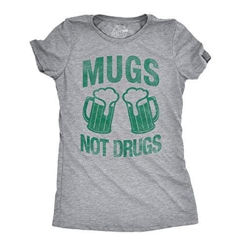 Womens Mugs Not Drugs Funny Irish Saint Patricks Day T Shirt St Patty Cute Tee Funny T Shirts Saint Patrick's Day Tops for Women Cool Drinking Top Women's Light Grey L