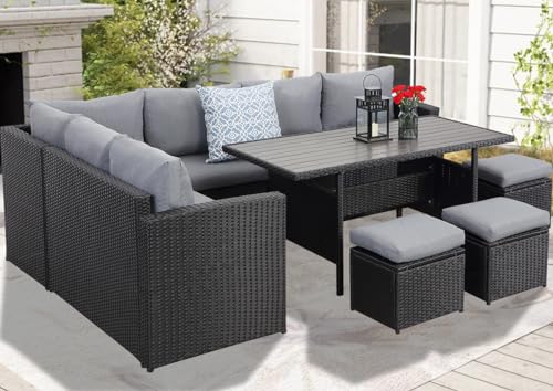 GLP Polyrattan Gartenmöbel Set für bis zu 9 Personen - Outdoor Lounge Essgruppe mit WPC Esstisch, Ecksofa, Hocker, Sessel und Dicke Kissen, Wetterfest (Schwarz & Grau)