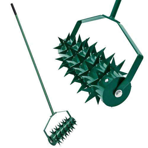 JAOGAUS Aireador de césped para exterior, con hoja en forma de cuerno, rodillo manual de púas de césped con 3 niveles ajustables, mango telescópico extraíble de metal, herramienta resistente para