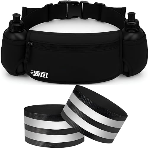 Laufgürtel, Hüfttasche, Sportgürtel mit weicher Flasche, wasserdicht, für Herren und Damen, für Smartphone, iPhone, Samsung Galaxy, bequem, Jogging, Fußball (All Black (2 Armbinden inklusive))