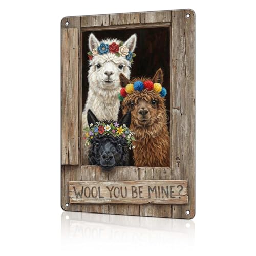 macago Romantic Farmhouse Wall Decor Metal Tin Sign - Wool You Be Mine Llama Art - Cute Alpaca Gift for Valentine’s Day, Wedding, or Bedroom Decoration 8x12 inch