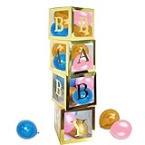 Baby Shower Boxes Party Decorations,4 Pcs Gold Transparent Party Boxes Decor With Gold Letter And 30...
