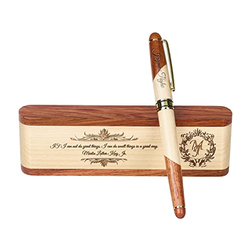 Ensemble de stylos en bois gravés sur mesure, stylo de direction et boîte avec personnalisation gratuite, stylo à bille avec étui pour cadeau (A)