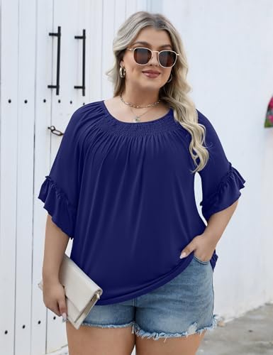 Image of Micoson Womens Plus Size Tops 3 /4 Ruffle Sleeve Crewneck Pleated Shirts