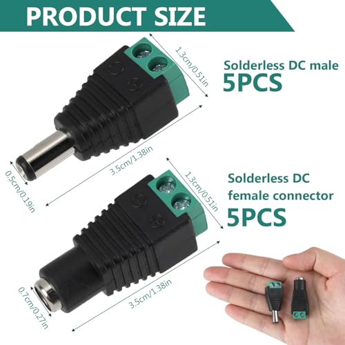 5 Pairs Premium 2.1 X 5.5mm Connector 12V Male Female DC Barrel Jack Power Connector Screw Terminal Adapter Socket Plug Kit for CCTV Security Camera Led Light Strips or Other DC 5V-24V Devices