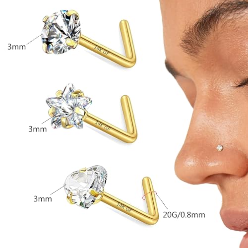 3 Pcs 14K Gold Filled Nose Studs 20G Stainless Steel Stud Nose Ring 2mm/2.5mm/3mm Round CZ L Bend Nose Stud Hypoallergenic Nose Piercing3