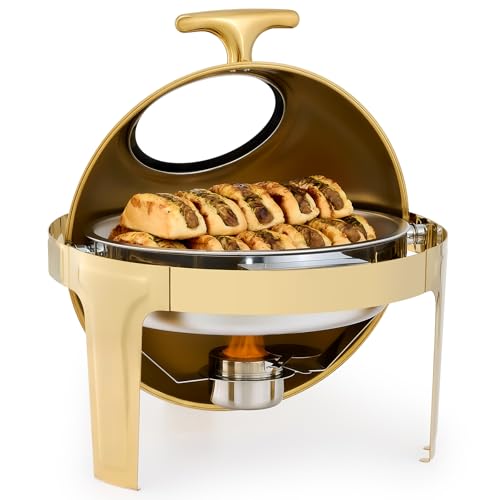 Wilprep 6L Chafing Dish Buffet Rond, Ensemble de Plat Chauffant à Couvercle Rabattable Visible, Réchauffeur de Nourriture en Acier Inoxydable avec Fenêtre...