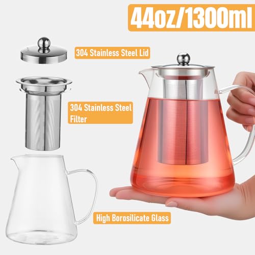 Image of Baalaka Glass Teapot 44oz /1300ml, Tea Pot with Removable Infusers for Loose Tea, Borosilicate Glass Tea Kettle Tea Maker Stovetop for Camping, Tea Infuser for Loose Leaf Tea Travel
