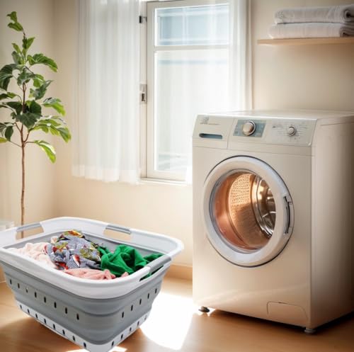 Image of SAMMART 42L (11 gallon) Collapsible Plastic Laundry Basket - Foldable Pop Up Storage Container /Organizer - Portable Basket - Space Saving Hamper /Basket (2, White /Grey)