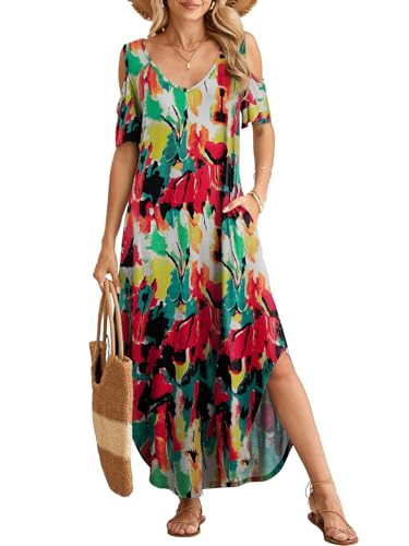 Image of BELAROI Womens Cold Shoulder Maxi Dress Plus Size V Neck Summer Sundresses with Pockets Beach Coverup Vacation Outfits