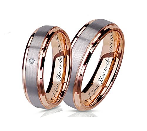 Personalized Brushed Silver & Rose Gold Tungsten Ring Set Custom Engraved Free In Any Language - Couple's Ring Set - Wedding Band Set - Ships from USA4