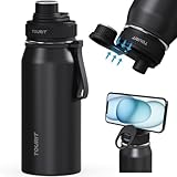 TOURIT 32oz Stainless Steel Wide Mouth Water Bottle, Double-Wall Vacuum Insulation with Spout Lid for Sports and Travel, Black