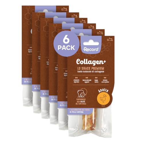 Record - Snack Premium per Cani Collagen+ Gusto Anatra con alto valore proteico. Masticativi per cani ricchi di collagene. Senza coloranti, Confezione da 6 sacchetti da 50 g|(M)