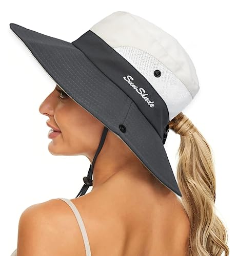 KorhLeoh Sombrero de malla plegable con protección UV para mujer, sombrero de pesca de ala ancha con agujero para cola de caballo