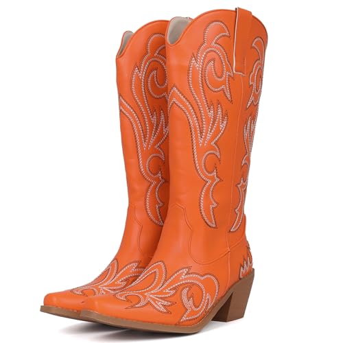 Women's Embroider Cowgirl Boots Snip Toe Slip On Bridal Floral Cowboy Boots Casual Knee High Western Boots2
