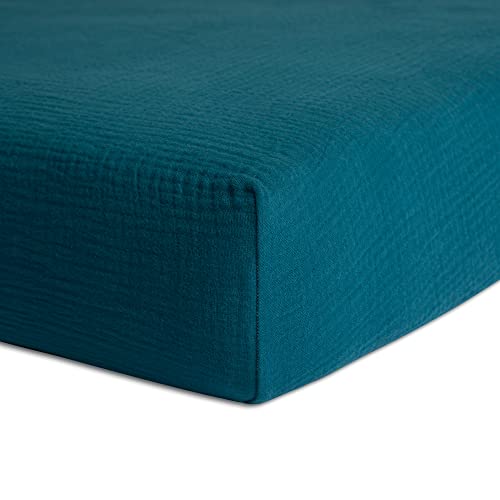 Image of Meracorallo Muslin Fitted Crib Sheet, Soft and Breathable Solid Color Baby Crib Sheet for Standard Crib and Toddler Mattresses (Teal Blue)