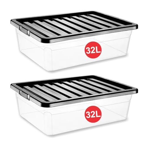 RelianceUK 32 Litre Plastic Storage Box with lid Under bed - Nestable, Stackable, Durable Underbed Large Containers for Home and Office - (32L / 2 Pack) Clear Plastic Boxes Made in U.K.