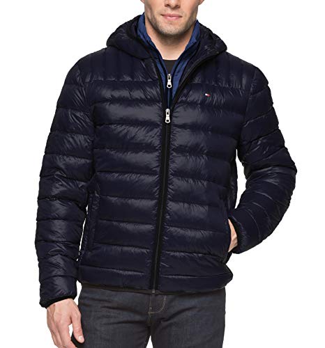Tommy Hilfiger Men's Size Tall Ultra Loft Insulated Packable Jacket with Contrast Bib and Hood, Midnight, XL Long