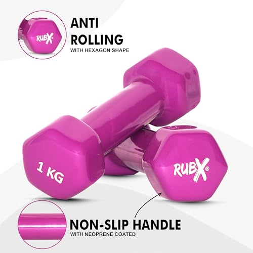 Image of RUBX Premium Unisex (Set for Men & Women) Vinyl Dumbbells Set of 2 |Ideal Home & Gym Workout | Fitness Gym Equipment for Strength Training, Bodybuilding, & Aerobics (1+1=2kg (PURPLE), 1 KGS Each)