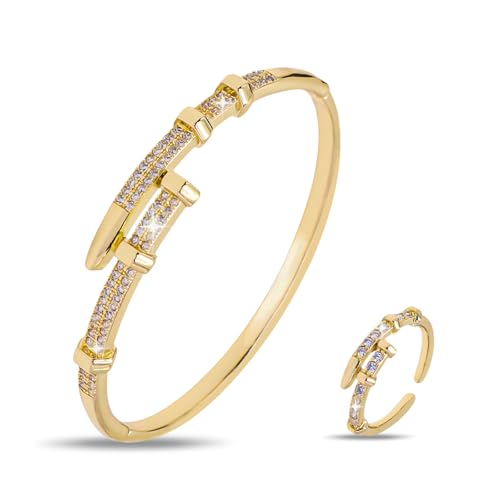 BYETOCE 18K Gold Plated Rings Bracelets for Women Trendy Bracelet with Ring Jewelry Set Oval Bangle Simple Cubic Zirconia Stones Bangle Cuff and Rings Jewelry Gift for Women Anniversary Mother's Day