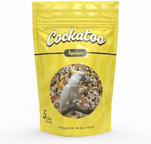 best cockatoo food brands you didn’t know you needed 8 Mycelium Premium Cockatoo Plus | High in Protein & Fat | Clean & Safe Food for Large Pet Birds | Seed & Grain Mix with Vitamins, Egg, Corn, Peanuts & Whole Hemp Seed | Organic, Non-GMO 5 lb Bag