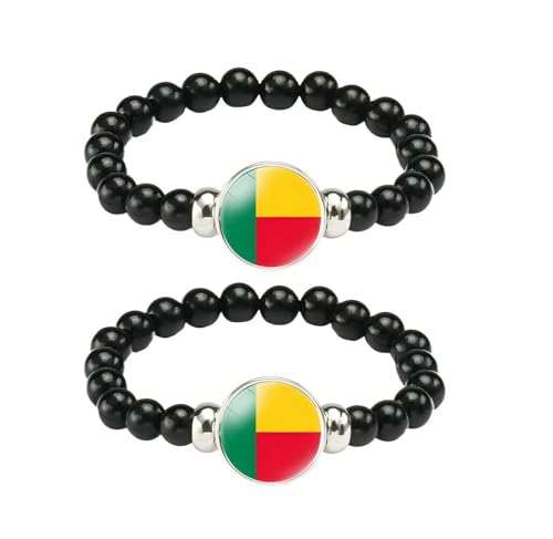 ZENRUIMING Lot de 2 bracelets avec drapeau du Bénin, faits à la main, cordon élastique réglable, cordon élastique noir, souvenir du tourisme du Bénin, réglable, résine, sans pierre précieuse,