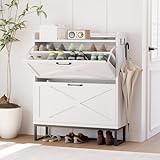 Chilihom Narrow Shoe Cabinet for Entryway, Organizer with 2 Flip Drawers, Slim Storage Cabinet with Metal Legs, Free Standing Corner Rack, White
